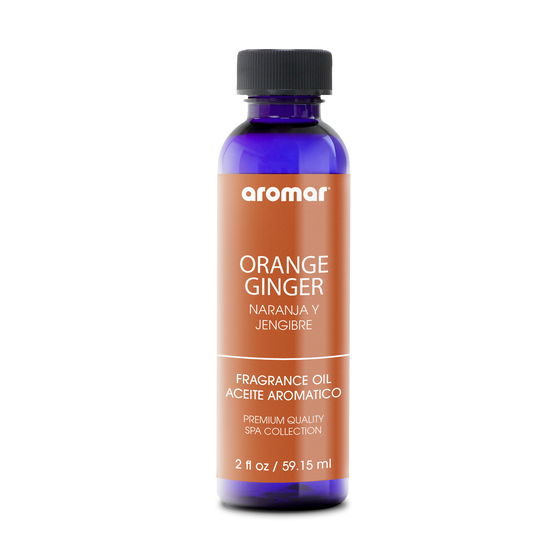 Fragrance Oil Orange Ginger by Aromar. It features a fresh blend of sweet orange, melon, rose, hyacinth, peach, and light musk to add a zesty zing to your day.