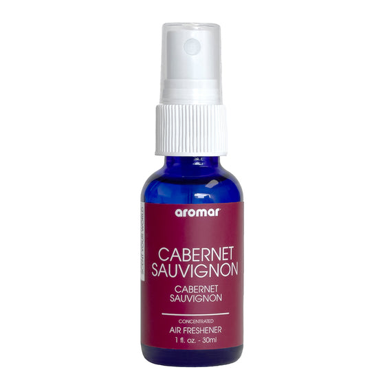 Image of Aromar Cabernet Sauvignon Air Freshener bottle, a wine-inspired aroma with notes of wild grape and ripe strawberries, a perfect pick-me-up for special occasions, made in the USA with a UV-protectant bottle for long-lasting scent.