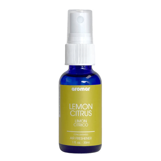 Image of Aromar Lemon Citrus Air Freshener bottle highlighting its sharp and bright citrus aroma. Made to bring a sense of cleanliness and freshness to your personal spaces. Expertly crafted in the USA, offering a long-lasting fragrance that neutralizes odors throughout your entire space.